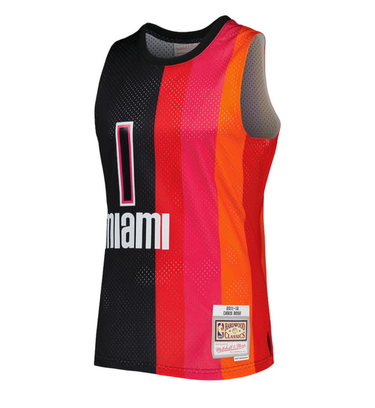 Maglia Mitchell & Ness Chris Bosh Nero/Rosso Miami Heat Hardwood Classics 2011/12 Split Swingman da uomo