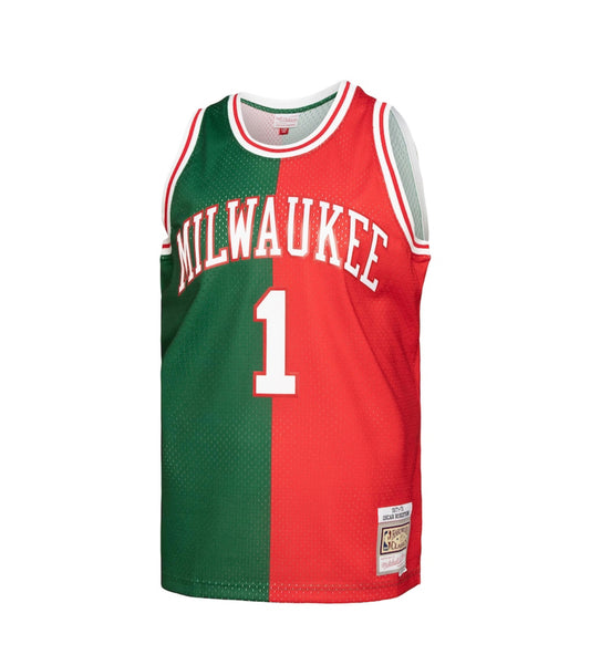 Maglia Mitchell & Ness Oscar Robertson Verde/Rosso Milwaukee Bucks Hardwood Classics 1971/72 Split Swingman