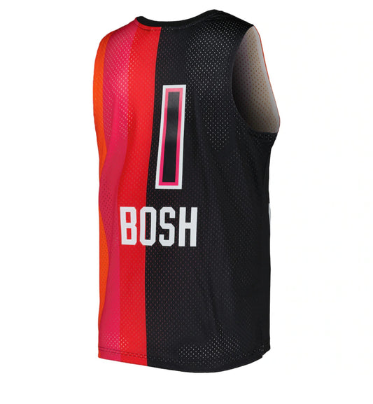 Maglia Mitchell & Ness Chris Bosh Nero/Rosso Miami Heat Hardwood Classics 2011/12 Split Swingman da uomo