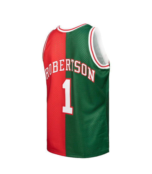 Maglia Mitchell & Ness Oscar Robertson Verde/Rosso Milwaukee Bucks Hardwood Classics 1971/72 Split Swingman